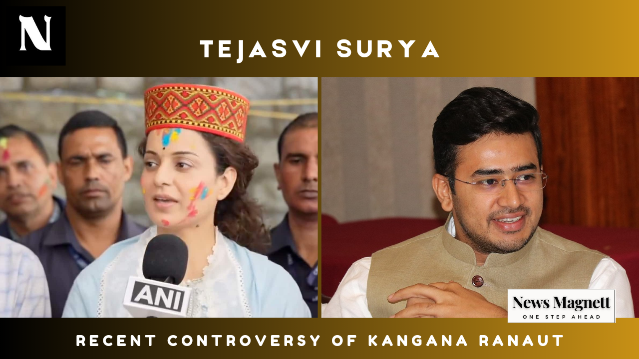 Kangana Ranaut passionately addresses a political rally, with Tejasvi Surya standing in the background.