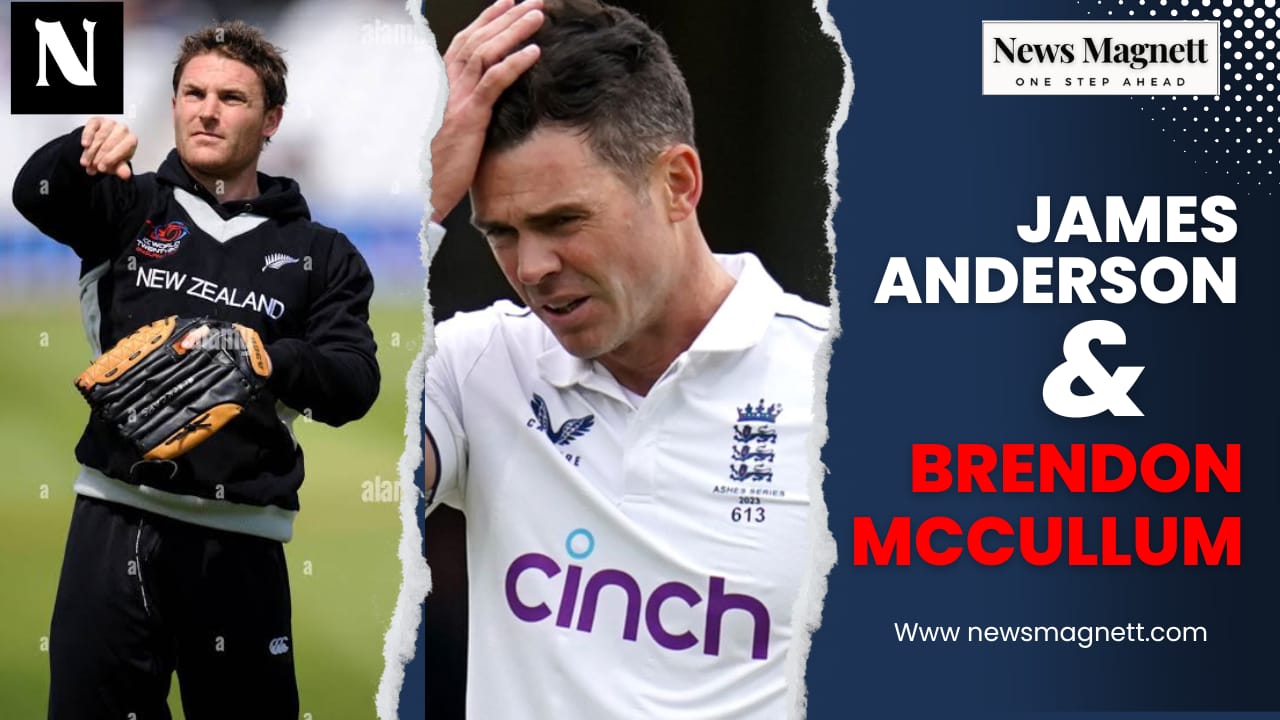 James Anderson and Brendon McCullum in conversation, generating speculation about Anderson's Test career and potential retirement.